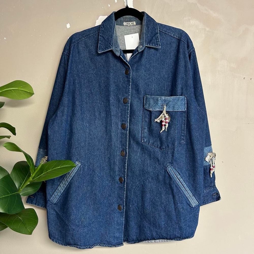 Vintage 90s Cherokee Navajo Western Denim Button Up Shirt Mens Large Blue Jean